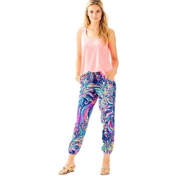 Lilly Pulitzer Beach Loot Piper Pants Pull On Joggers | Blue Pink | SZ XS - Picture 1 of 13